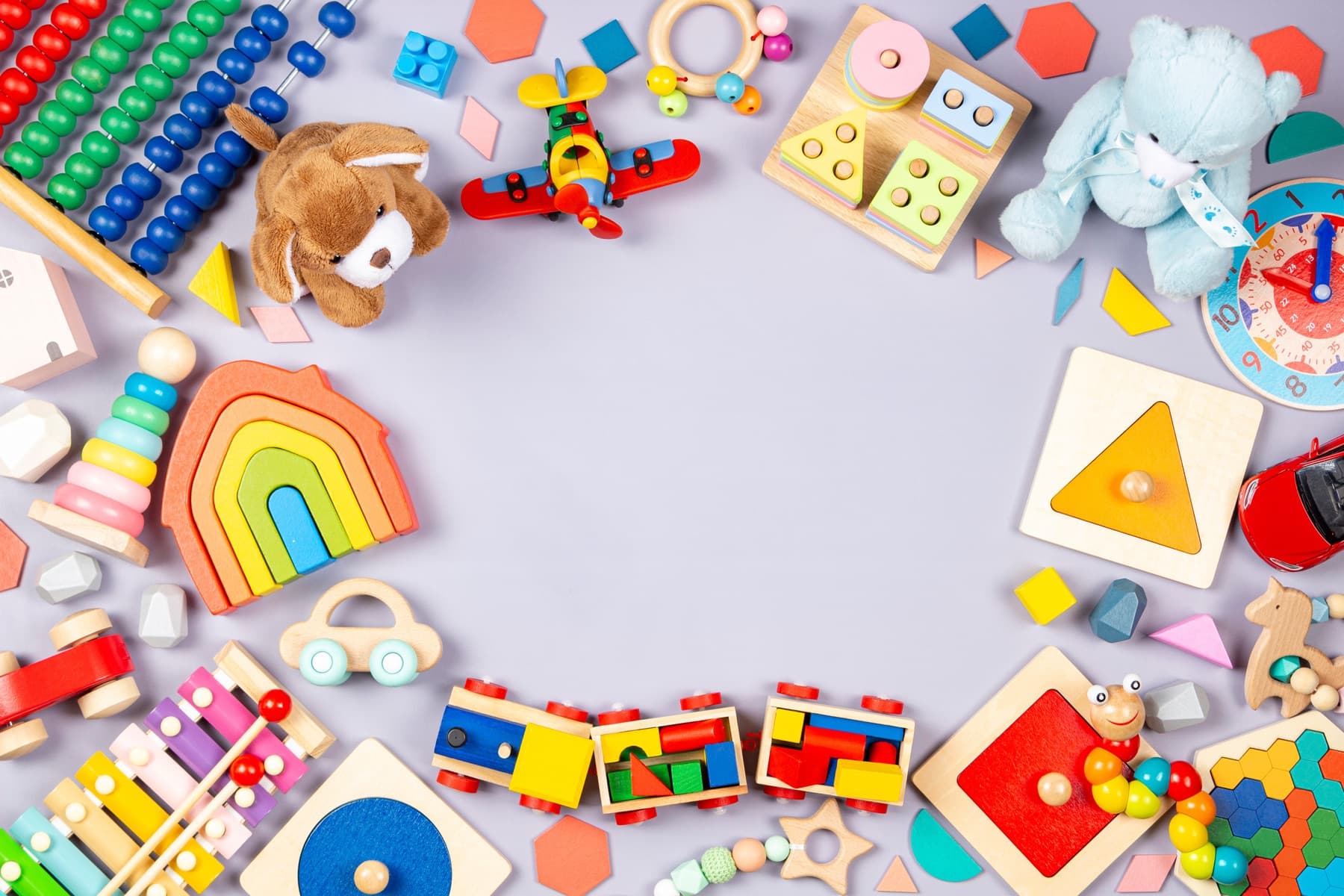 Children's toys laid out on a table